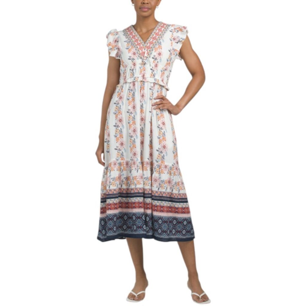 LEA Linen Blend Flutter Sleeve Floral Maxi Dress